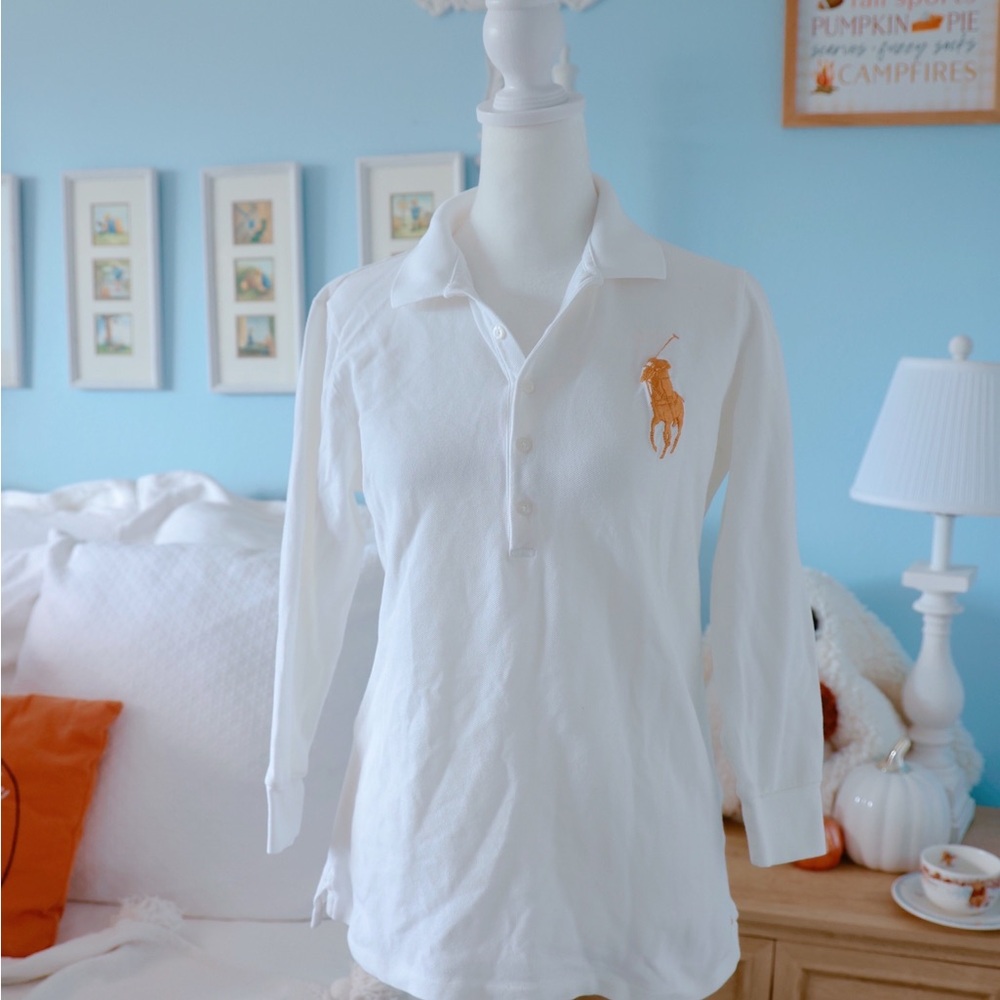 Ralph Lauren White Long-Sleeve Polo with Gold Pony Logo
